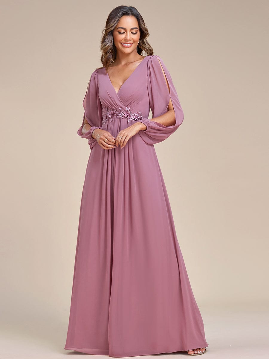 Waist Sequin Applique Chiffon Hollow Long Sleeve Evening Dress #color_Purple Orchid