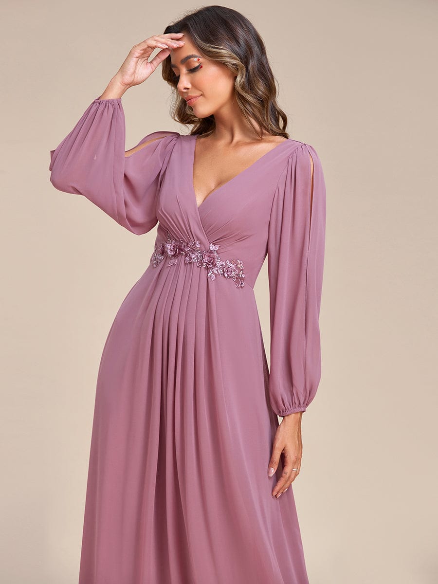 Waist Sequin Applique Chiffon Hollow Long Sleeve Evening Dress #color_Purple Orchid