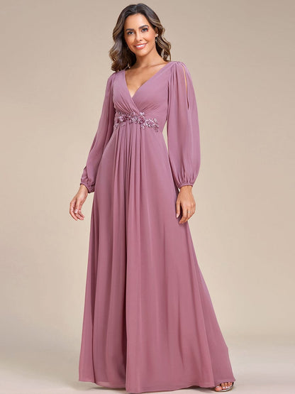 Waist Sequin Applique Chiffon Hollow Long Sleeve Evening Dress #color_Purple Orchid