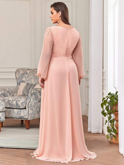 Stylish Plus Size Chiffon Formal Evening Dresses with Long Lantern Sleeves #color_Pink