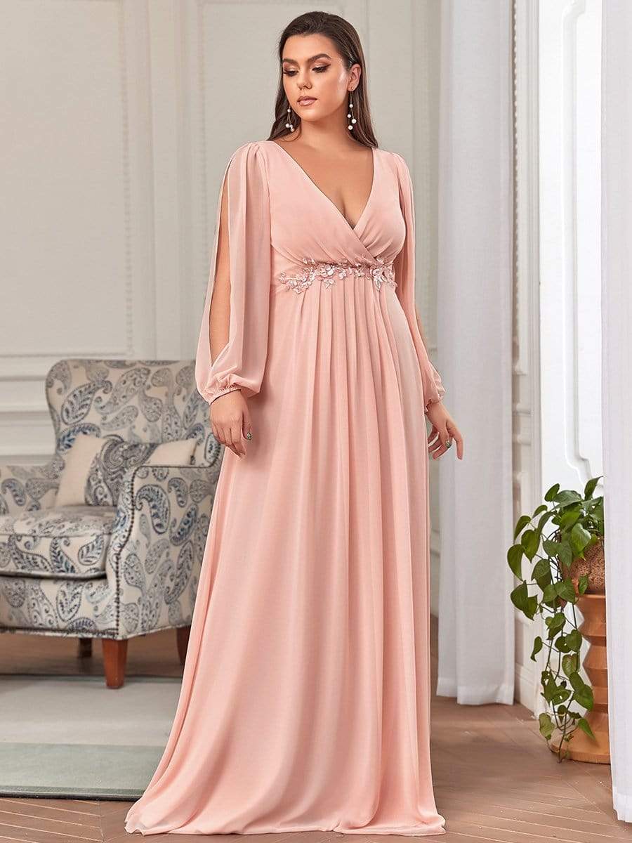 Stylish Plus Size Chiffon Formal Evening Dresses with Long Lantern Sleeves #color_Pink