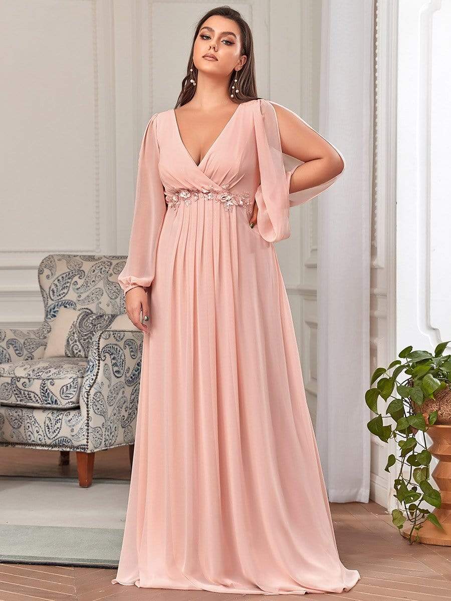 Elegant Chiffon V-Neckline Long Sleeve Formal Evening Dress #color_Pink