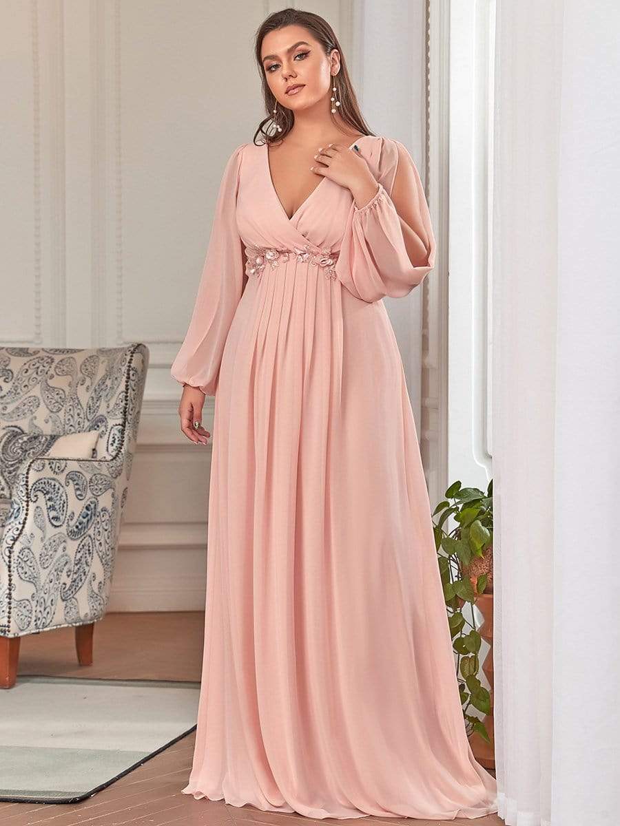 Stylish Plus Size Chiffon Formal Evening Dresses with Long Lantern Sleeves #color_Pink