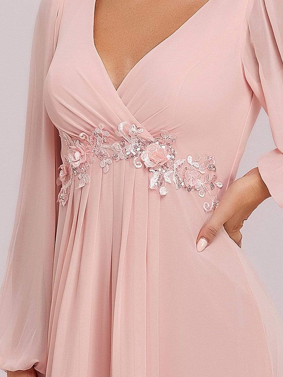 Elegant Chiffon V-Neckline Long Sleeve Formal Evening Dress #color_Pink