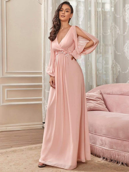 Elegant Chiffon V-Neckline Long Sleeve Formal Evening Dress #color_Pink