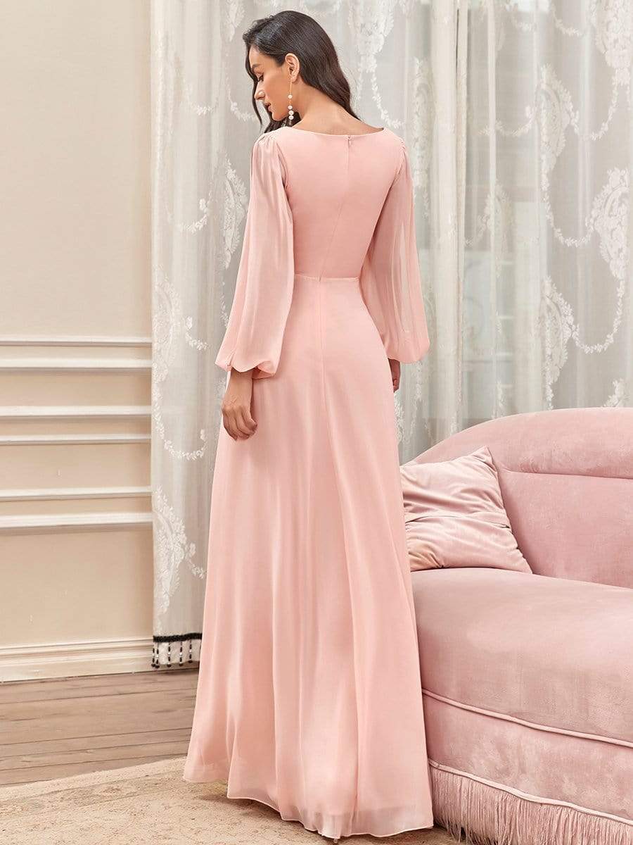 Elegant Chiffon V-Neckline Long Sleeve Formal Evening Dress #color_Pink