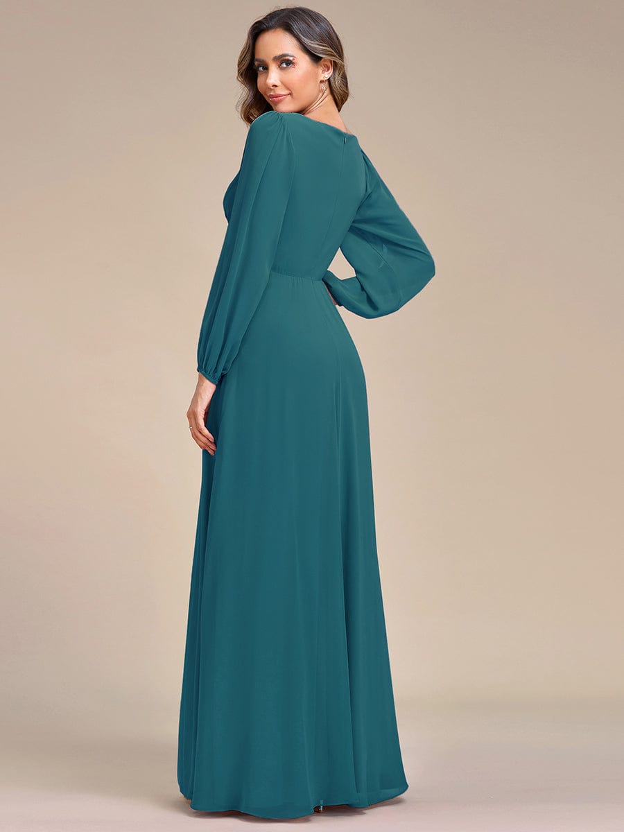 Waist Sequin Applique Chiffon Hollow Long Sleeve Evening Dress #color_Teal