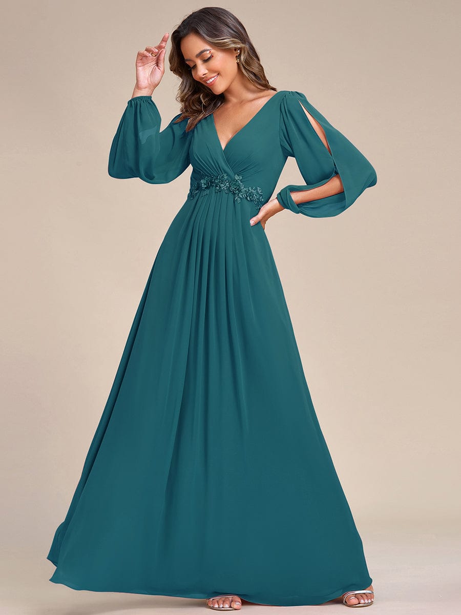 Waist Sequin Applique Chiffon Hollow Long Sleeve Evening Dress #color_Teal