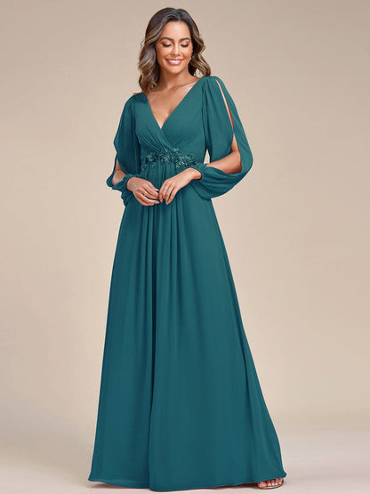 Waist Sequin Applique Chiffon Hollow Long Sleeve Evening Dress #color_Teal