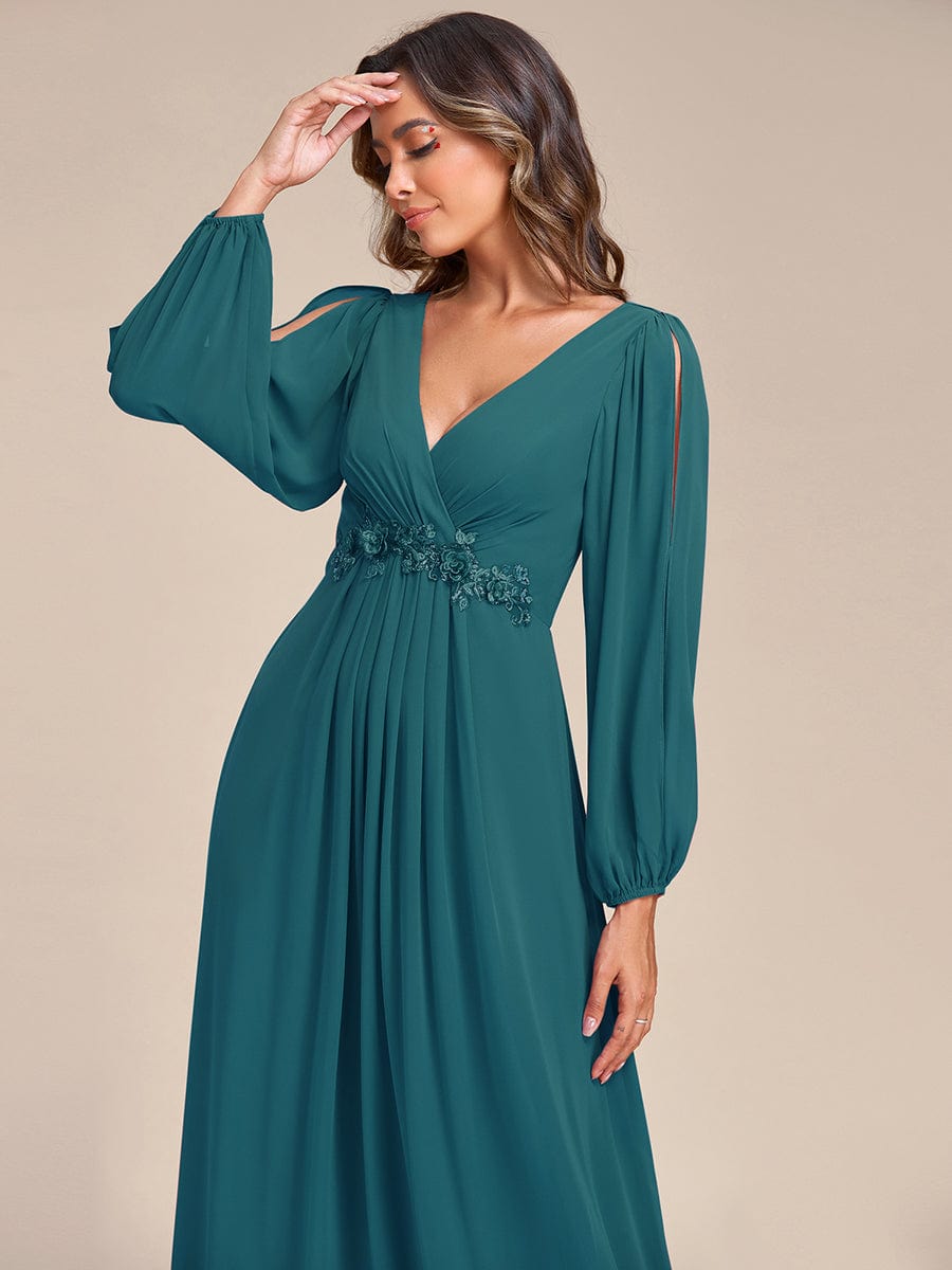 Waist Sequin Applique Chiffon Hollow Long Sleeve Evening Dress #color_Teal