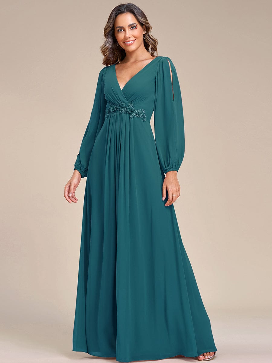 Waist Sequin Applique Chiffon Hollow Long Sleeve Evening Dress #color_Teal