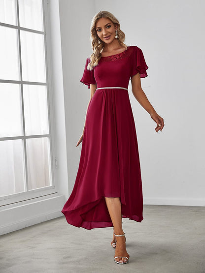 Chiffon Ruffle Sleeves Asymmetrical Hem Mother of the Bride Dress #color_Burgundy