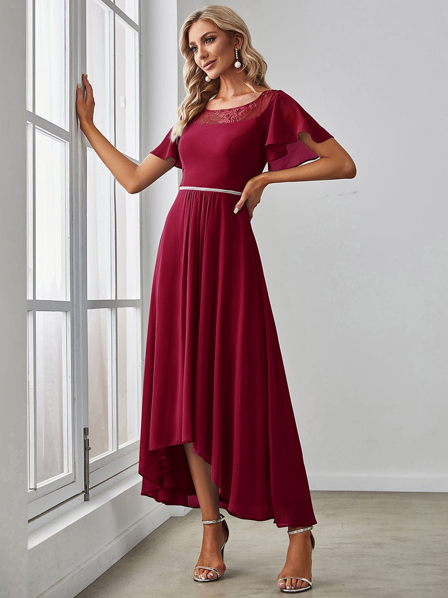 Chiffon Ruffle Sleeves Asymmetrical Hem Mother of the Bride Dress #color_Burgundy