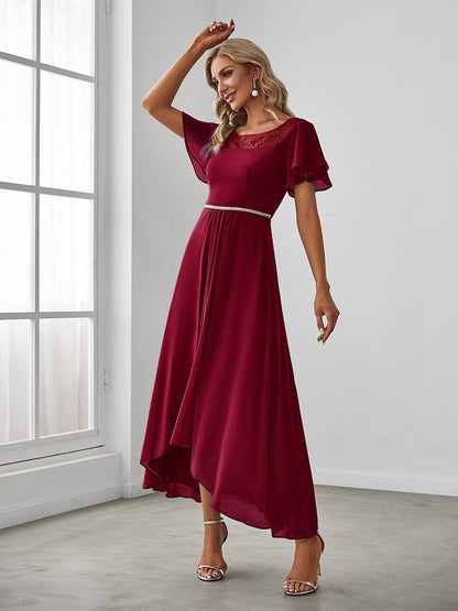 Chiffon Ruffle Sleeves Asymmetrical Hem Mother of the Bride Dress #color_Burgundy