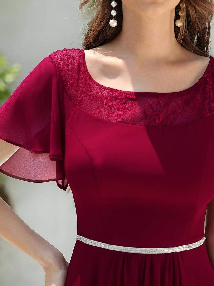 Chiffon Ruffle Sleeves Asymmetrical Hem Mother of the Bride Dress #color_Burgundy