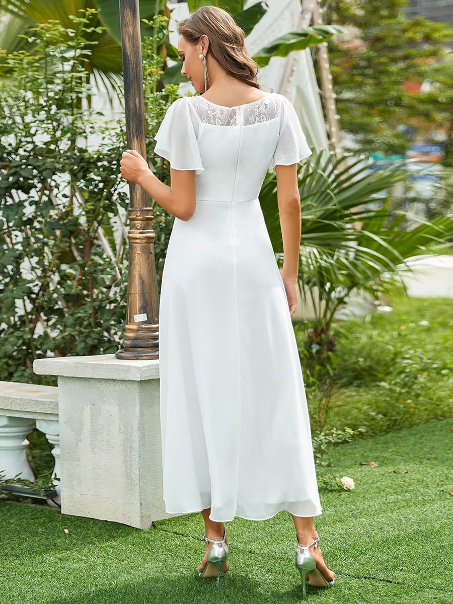 Chiffon Ruffle Sleeves Asymmetrical Hem Mother of the Bride Dress #color_Cream