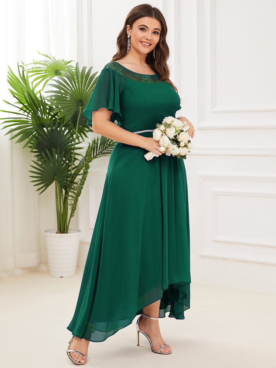 Chiffon Ruffle Sleeves Asymmetrical Hem Mother of the Bride Dress #color_Dark Green