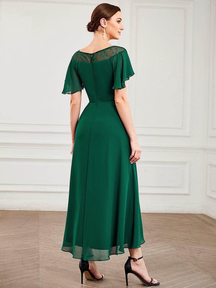 Chiffon Ruffle Sleeves Asymmetrical Hem Mother of the Bride Dress #color_Dark Green