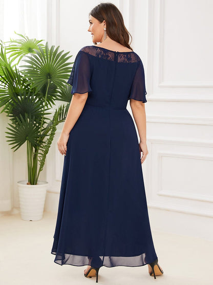 Chiffon Ruffle Sleeves Asymmetrical Hem Mother of the Bride Dress #color_Navy Blue