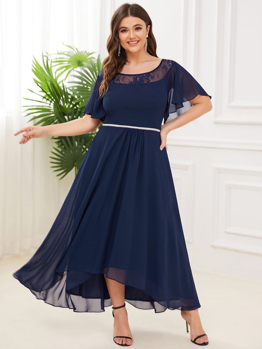 Chiffon Ruffle Sleeves Asymmetrical Hem Mother of the Bride Dress #color_Navy Blue