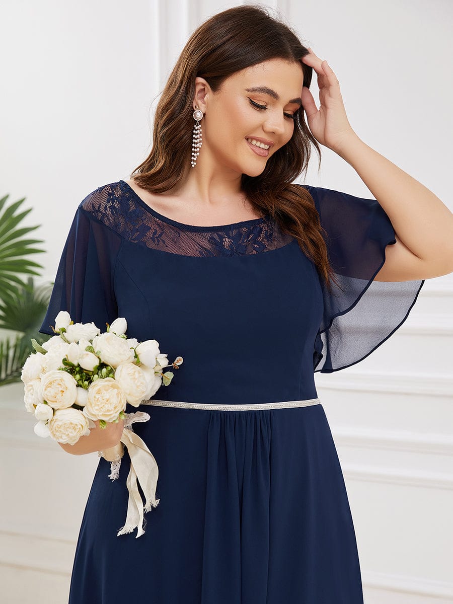 Chiffon Ruffle Sleeves Asymmetrical Hem Mother of the Bride Dress #color_Navy Blue