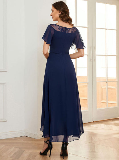 Chiffon Ruffle Sleeves Asymmetrical Hem Mother of the Bride Dress #color_Navy Blue