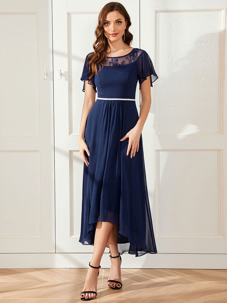 Chiffon Ruffle Sleeves Asymmetrical Hem Mother of the Bride Dress #color_Navy Blue