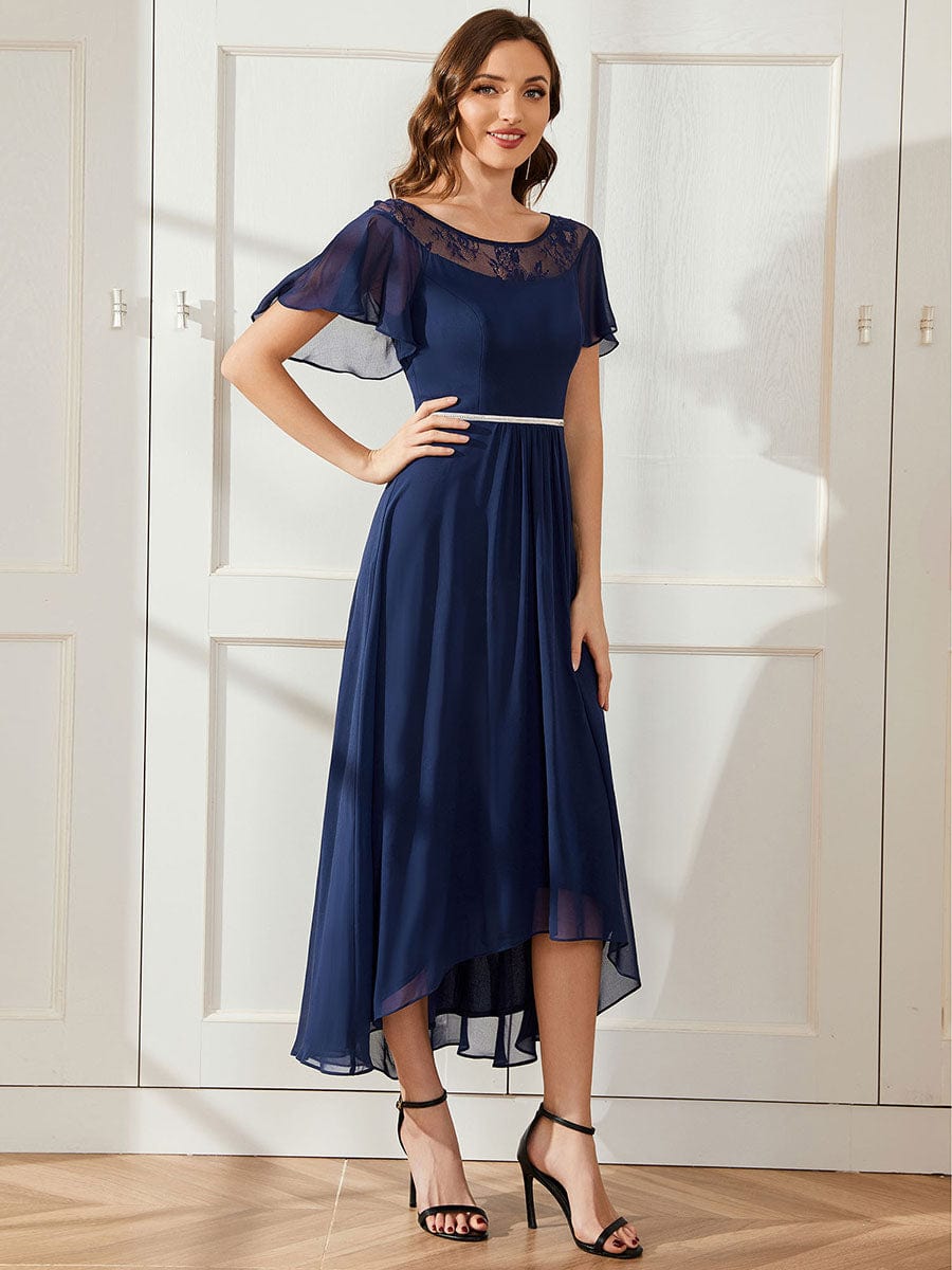 Chiffon Ruffle Sleeves Asymmetrical Hem Mother of the Bride Dress #color_Navy Blue