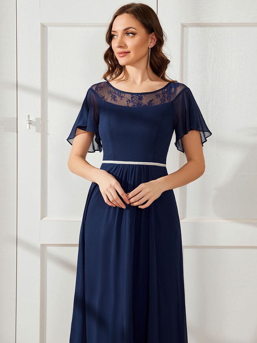 Chiffon Ruffle Sleeves Asymmetrical Hem Mother of the Bride Dress #color_Navy Blue