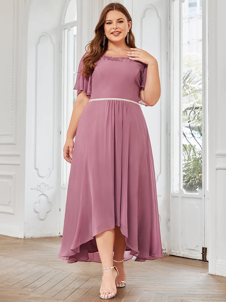 Chiffon Ruffle Sleeves Asymmetrical Hem Mother of the Bride Dress #color_Purple Orchid