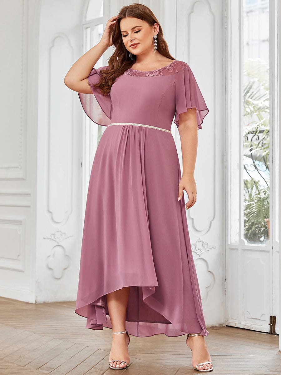 Chiffon Ruffle Sleeves Asymmetrical Hem Mother of the Bride Dress #color_Purple Orchid