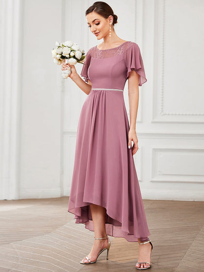 Chiffon Ruffle Sleeves Asymmetrical Hem Mother of the Bride Dress #color_Purple Orchid