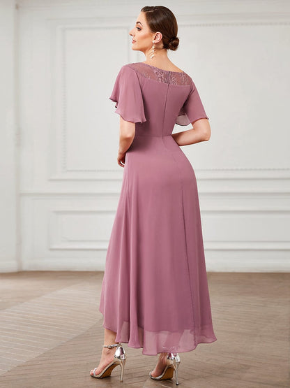 Chiffon Ruffle Sleeves Asymmetrical Hem Mother of the Bride Dress #color_Purple Orchid