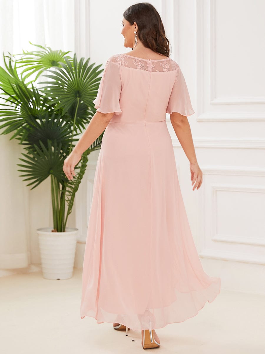 Chiffon Ruffle Sleeves Asymmetrical Hem Mother of the Bride Dress #color_Pink