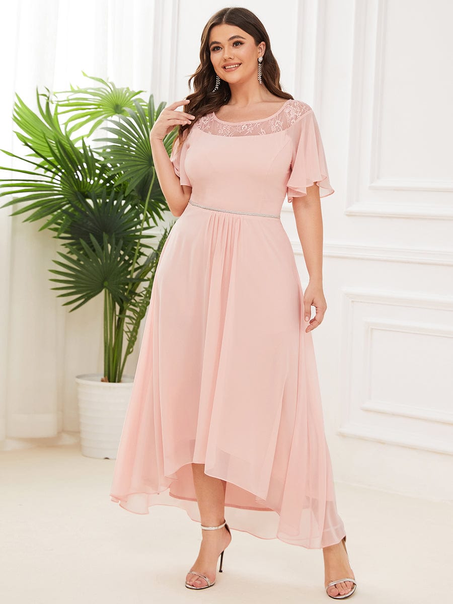 Chiffon Ruffle Sleeves Asymmetrical Hem Mother of the Bride Dress #color_Pink