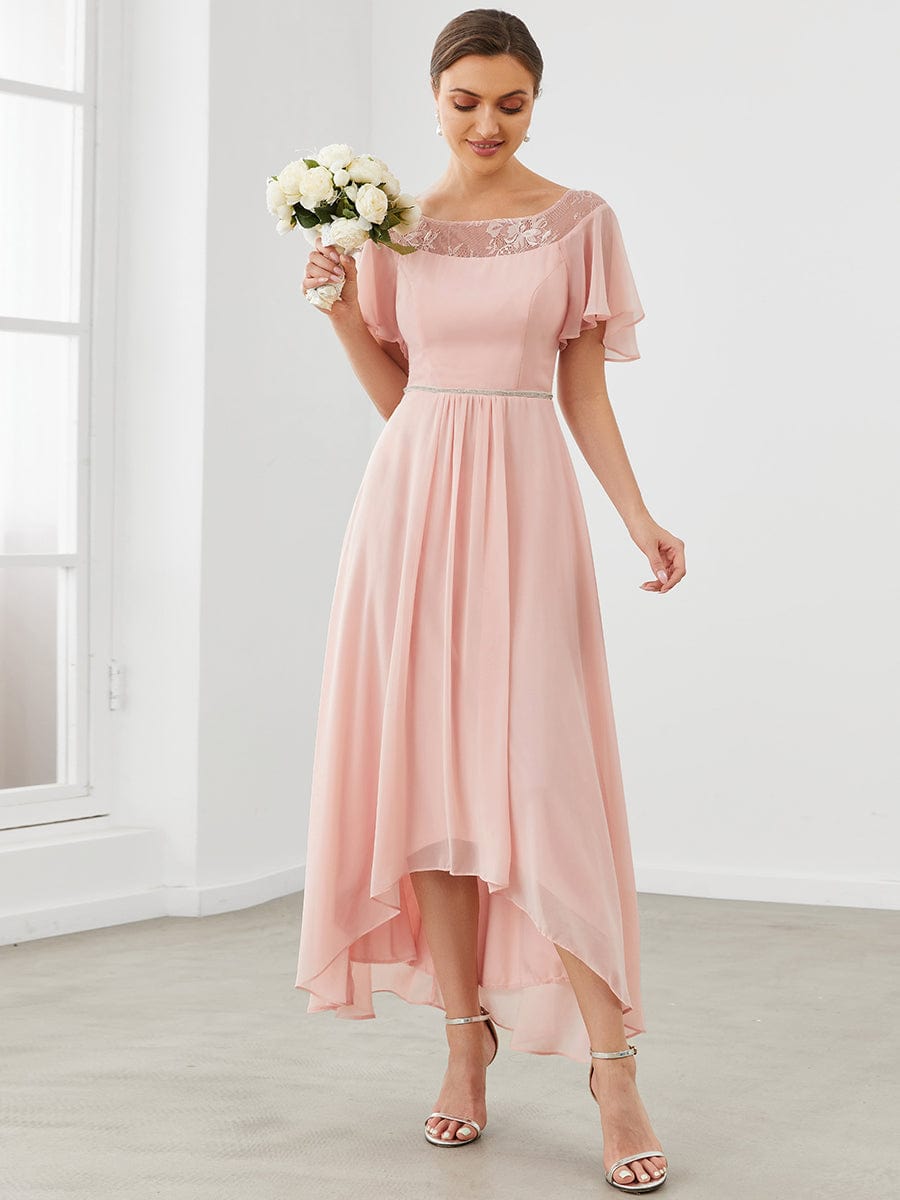 Chiffon Ruffle Sleeves Asymmetrical Hem Mother of the Bride Dress #color_Pink