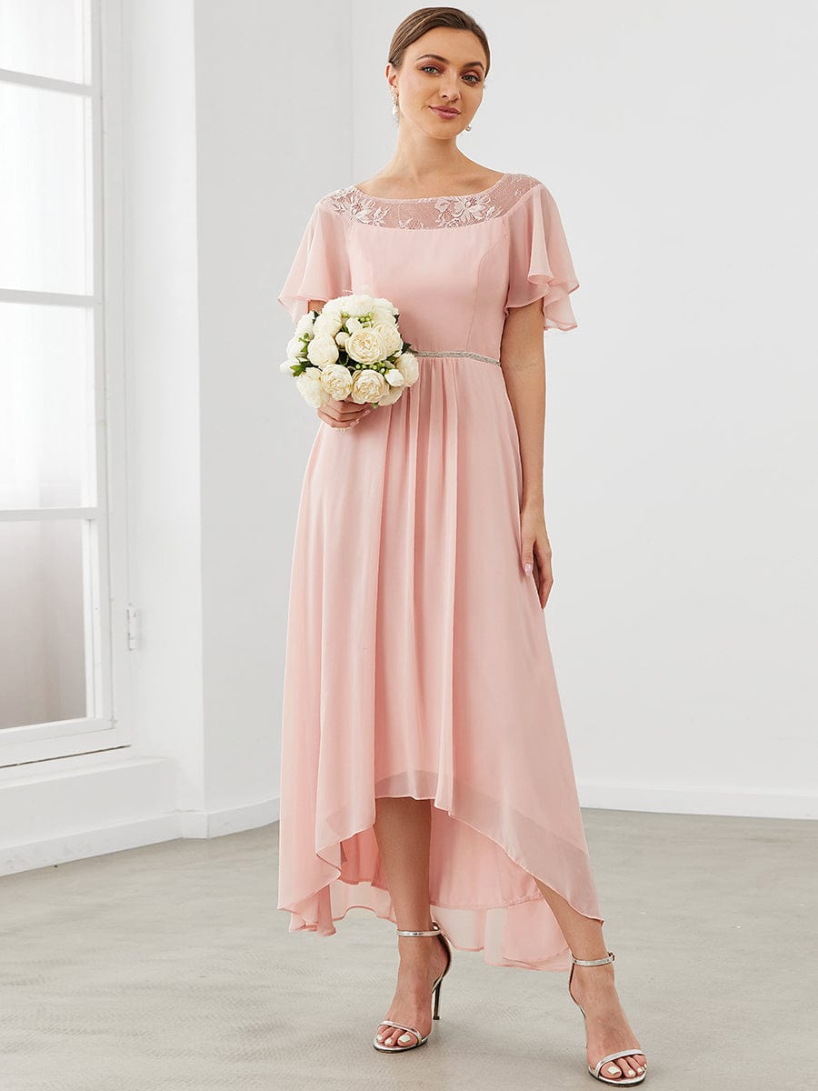 Chiffon Ruffle Sleeves Asymmetrical Hem Mother of the Bride Dress #color_Pink