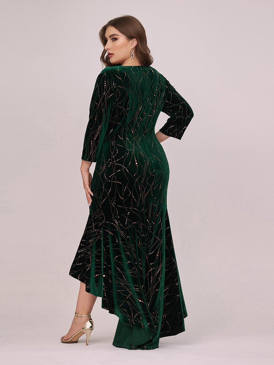 Women's Stylish Bodycon High-Low Velvet Party Dress #color_Dark Green