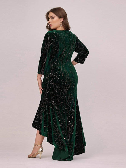 Elegant Plus Size Bodycon High-Low Formal Velvet Party Dress #color_Dark Green 