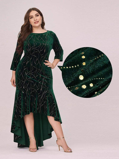 Elegant Plus Size Bodycon High-Low Formal Velvet Party Dress #color_Dark Green 