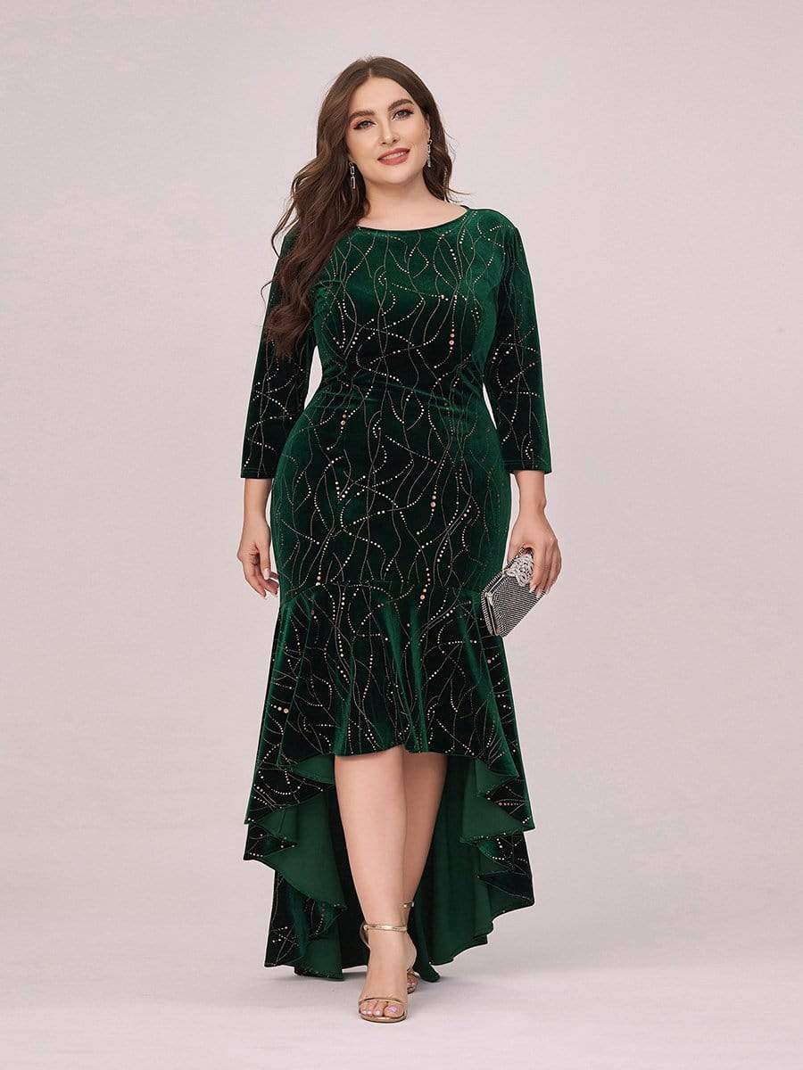 Elegant Plus Size Bodycon High-Low Formal Velvet Party Dress #color_Dark Green 