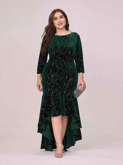 Women's Stylish Bodycon High-Low Velvet Party Dress #color_Dark Green