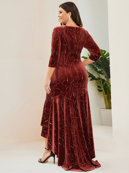 Women's Stylish Bodycon High-Low Velvet Party Dress #color_Brick Red