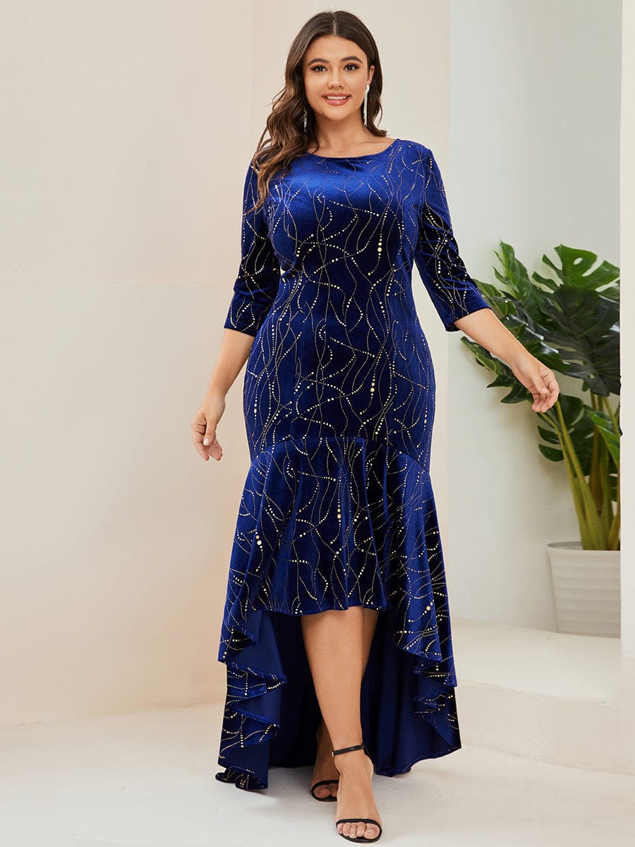 Elegant Plus Size Bodycon High-Low Formal Velvet Party Dress #color_Royal Blue