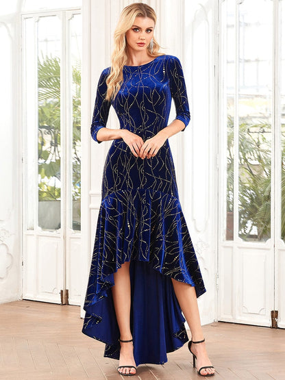 Women's Stylish Bodycon High-Low Velvet Party Dress #color_Royal Blue