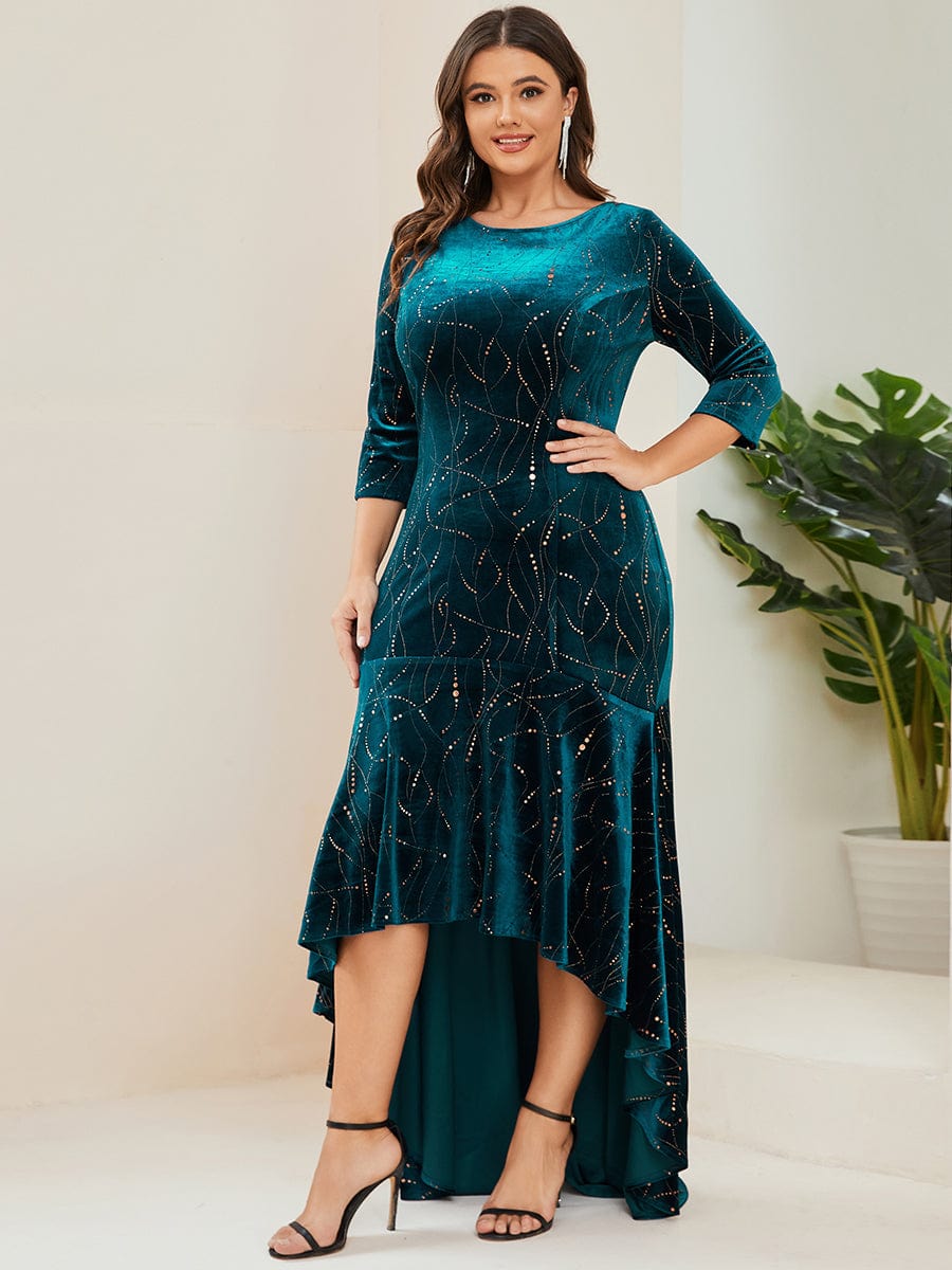 Elegant Plus Size Bodycon High-Low Formal Velvet Party Dress #color_Teal