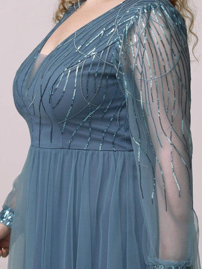 Custom Size Sequin Bodice Sheer Long Sleeves Maxi Evening Dress #color_Dusty Navy