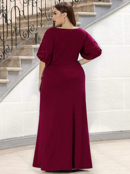 Trendy Round Neck Long Bodycon Evening Dress with Sleeves #color_Burgundy 