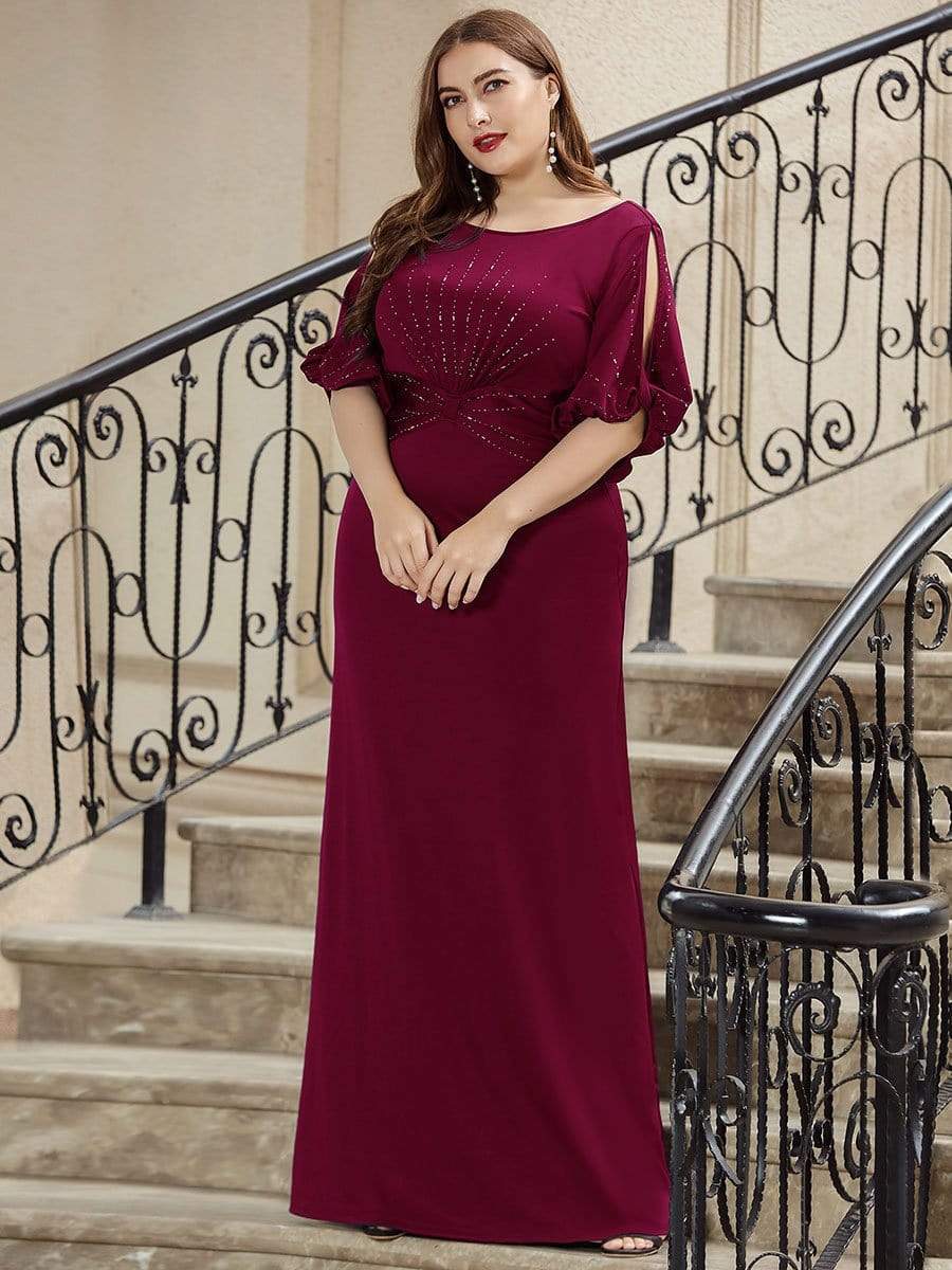 Trendy Round Neck Long Bodycon Evening Dress with Sleeves #color_Burgundy 