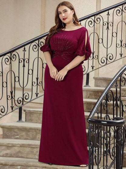 Trendy Round Neck Long Bodycon Evening Dress with Sleeves #color_Burgundy 